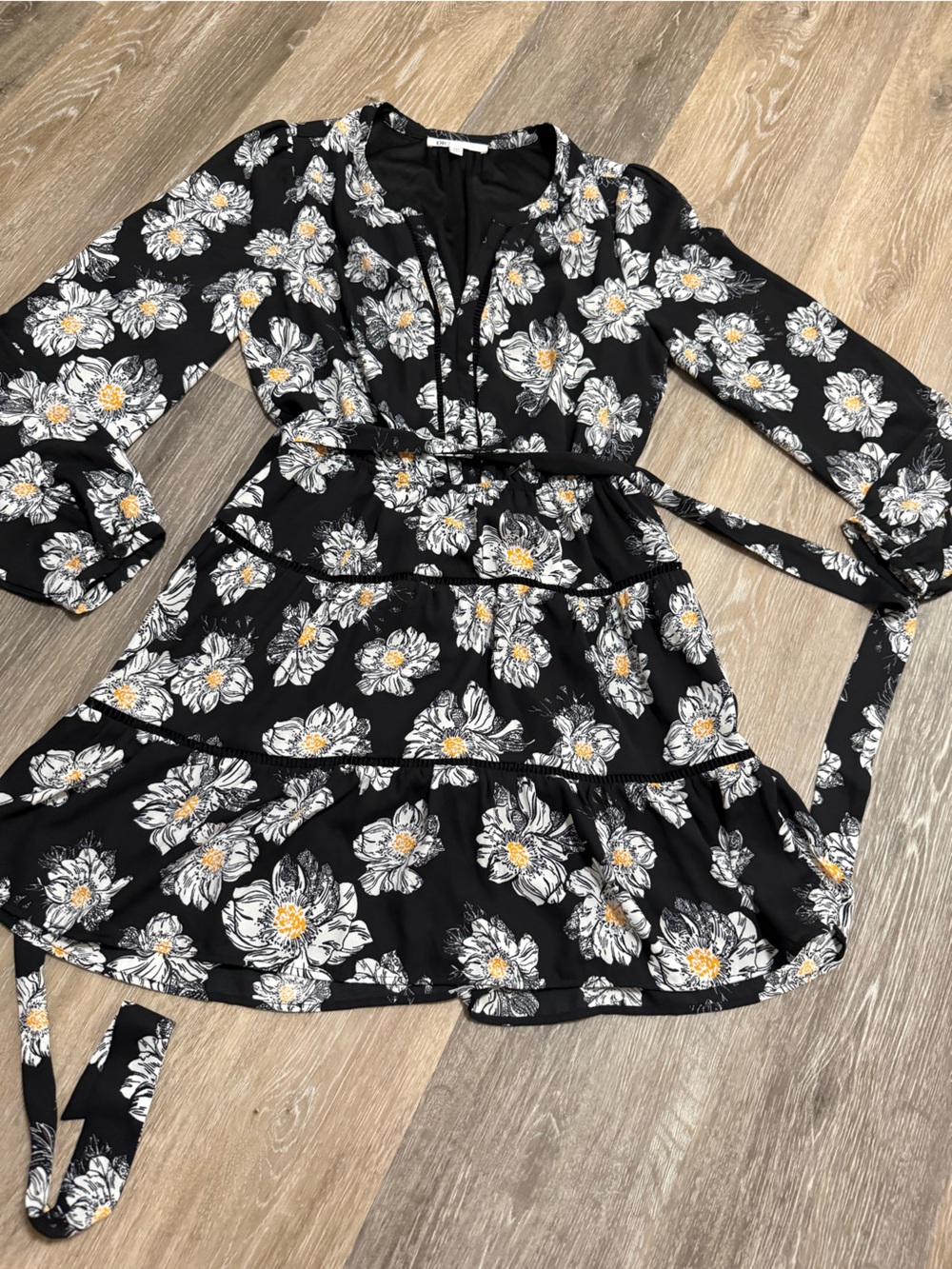 DR2 Black Floral Tiered Long Sleeve Dress with Yellow Accents